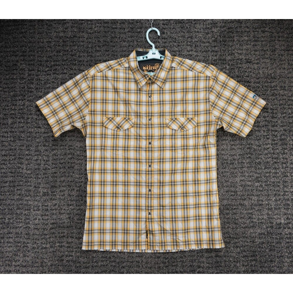 Kuhl Shirt Mens XL Yellow White Plaid Ionik Pearl Snap Short Sleeve Gorpcore